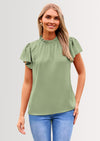 PRETTYGARDEN Business Casual Tops for Women Blouses Dressy Summer Short Sleeve Ruffle Satin Work Office Attire