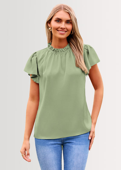 PRETTYGARDEN Business Casual Tops for Women Blouses Dressy Summer Short Sleeve Ruffle Satin Work Office Attire