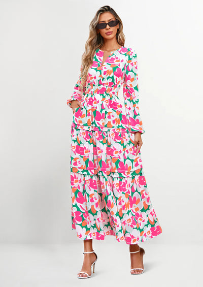 PRETTYGARDEN Women's Fall Boho Maxi Dresses Floral Long Sleeve V Neck Flowy Elegant Wedding Guest Dress Vacation Outfits