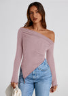 PRETTYGARDEN Women's Spring Long Sleeve Y2K Crop Top Trendy Off Shoulder Asymmetrical Fitted Knit Tee Shirts Going Out Tops