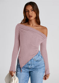 PRETTYGARDEN Women's Spring Long Sleeve Y2K Crop Top Trendy Off Shoulder Asymmetrical Fitted Knit Tee Shirts Going Out Tops