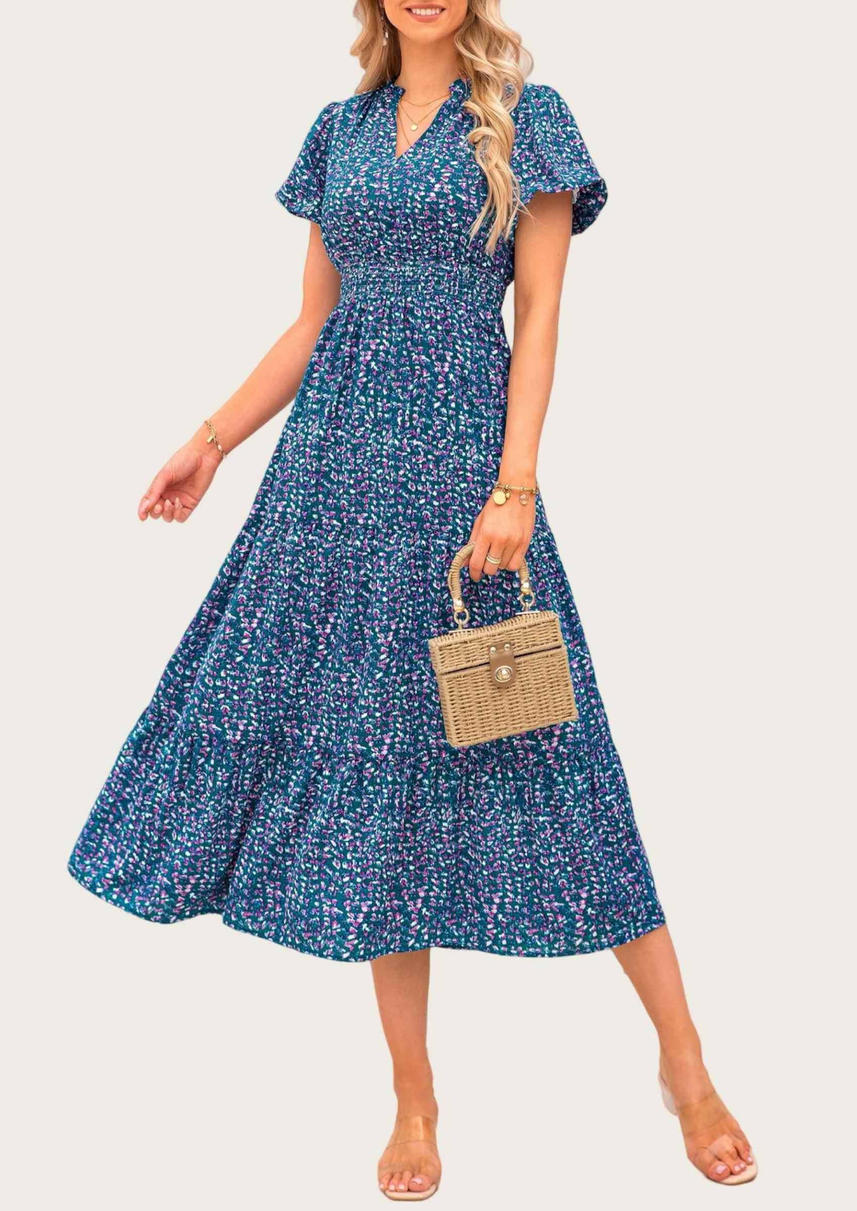 MASCOMODA Summer Maxi Dresses for Women Casual V Neck Puff Short Sleeve Smocked Flowy Beach Boho Long Floral Dress