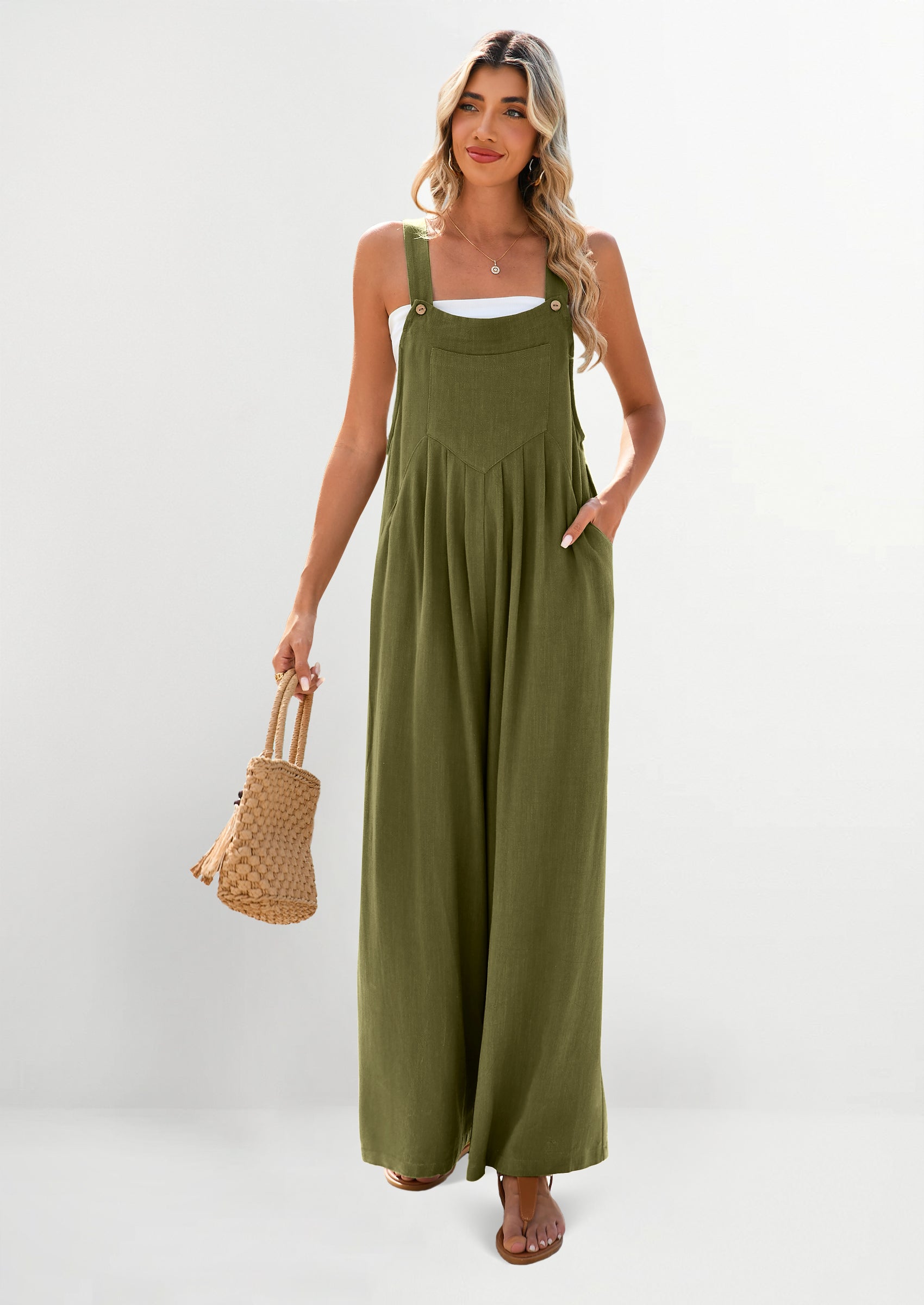 PRETTYGARDEN Women's Bib Overalls Casual Summer Sleeveless Strap Loose Wide Leg Jumpsuits with Pockets