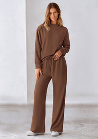 PRETTYGARDEN 2 Piece Long Sleeve Pullover Tops and Wide Leg Pants Knitted Lounge Sets