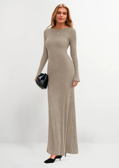 PRETTYGARDEN Women's Fall Fashion Long Sleeve Maxi Dress Ribbed Knit Boat Neck Bodycon Casual Dresses Going Out Outfits