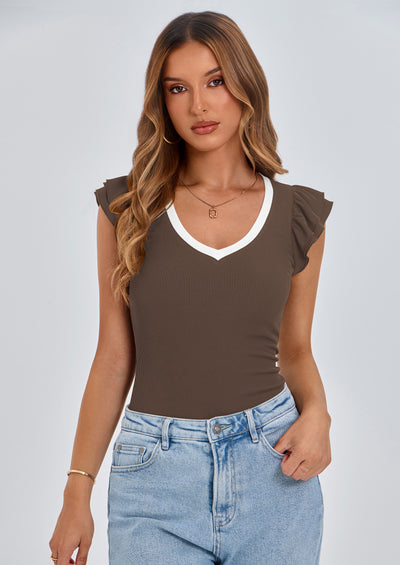 PRETTYGARDEN Womens V Neck Summer Tops Ruffle Sleeveless Slim Fit T Shirts Going Out Casual Blouses