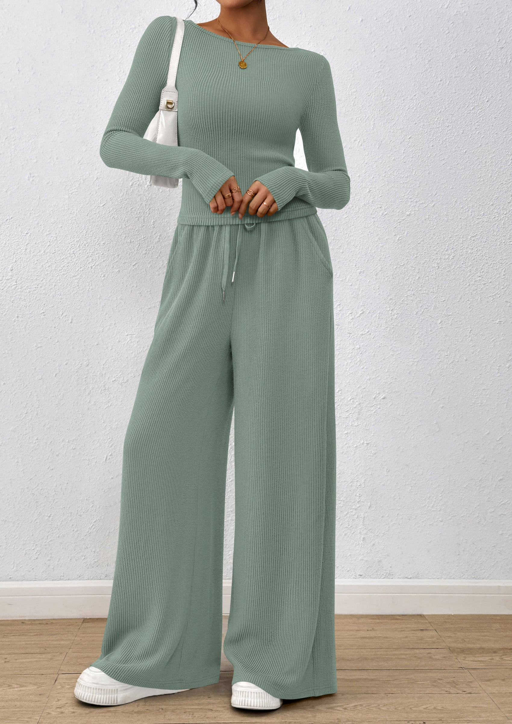 PRETTYGARDEN Women's 2 Piece Lounge Sets Fall Fashion Long Sleeve Crop Top Wide Leg Pants Matching Sets Clothing