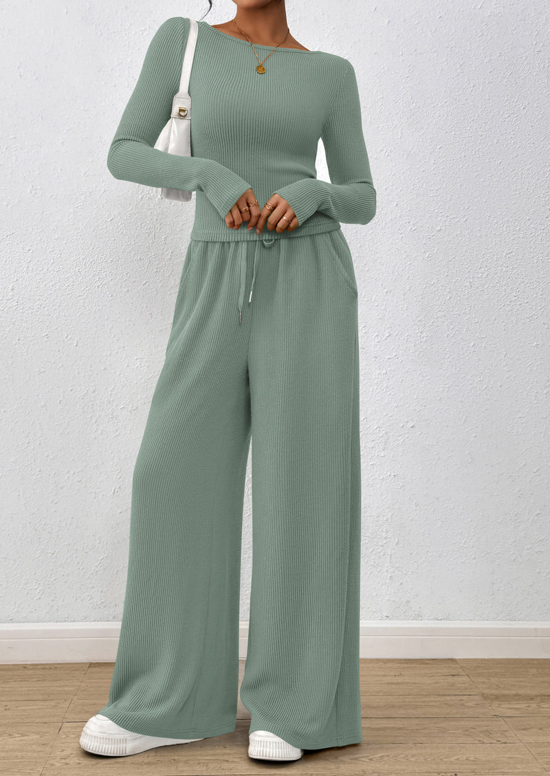 PRETTYGARDEN Women's 2 Piece Lounge Sets Fall Fashion Long Sleeve Crop Top Wide Leg Pants Matching Sets Clothing