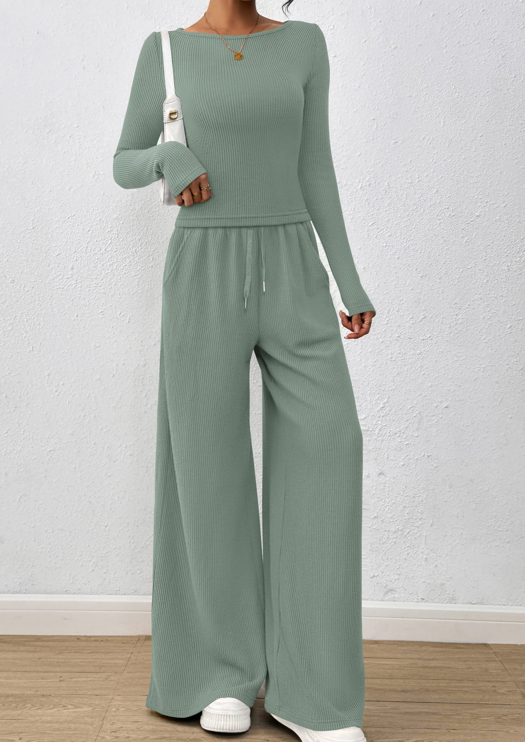 PRETTYGARDEN Women's 2 Piece Lounge Sets Fall Fashion Long Sleeve Crop Top Wide Leg Pants Matching Sets Clothing