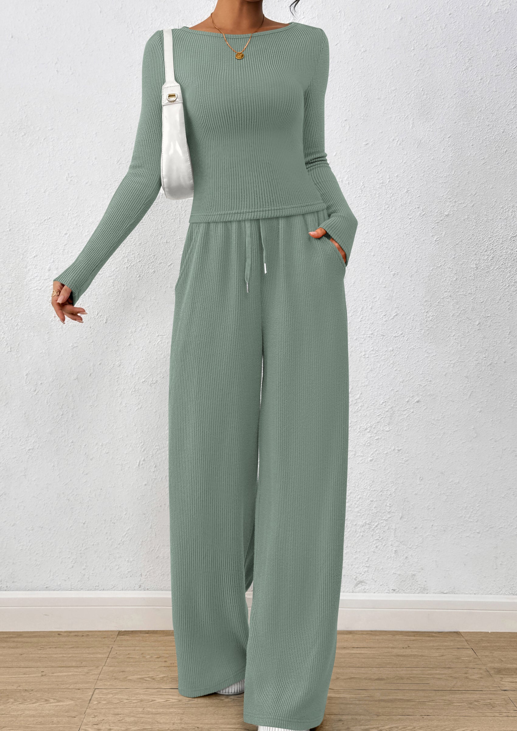 PRETTYGARDEN Women's 2 Piece Lounge Sets Fall Fashion Long Sleeve Crop Top Wide Leg Pants Matching Sets Clothing