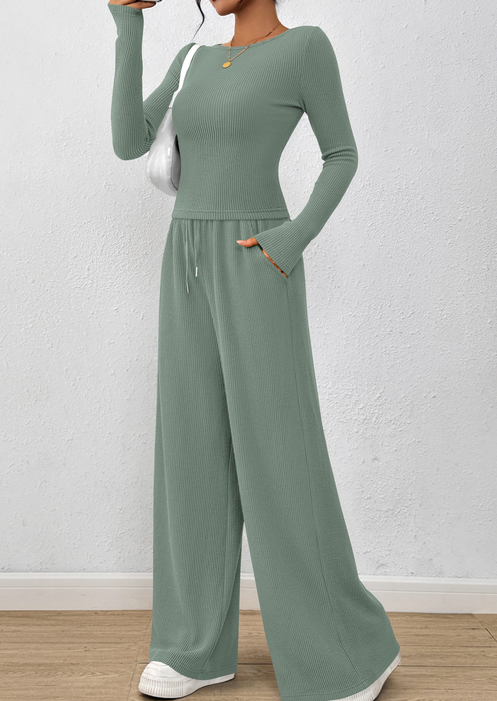 PRETTYGARDEN Women's 2 Piece Lounge Sets Fall Fashion Long Sleeve Crop Top Wide Leg Pants Matching Sets Clothing