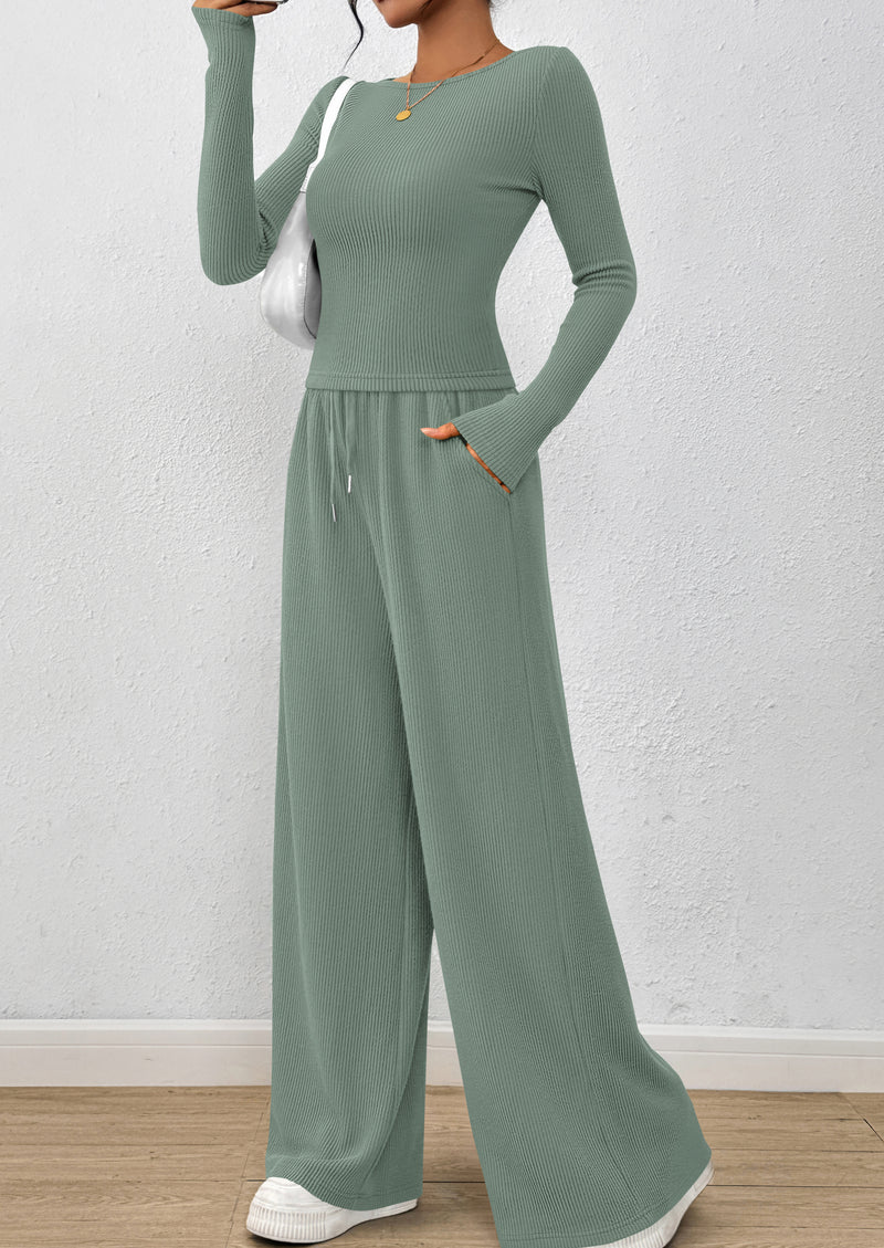 PRETTYGARDEN Women's 2 Piece Lounge Sets Fall Fashion Long Sleeve Crop Top Wide Leg Pants Matching Sets Clothing