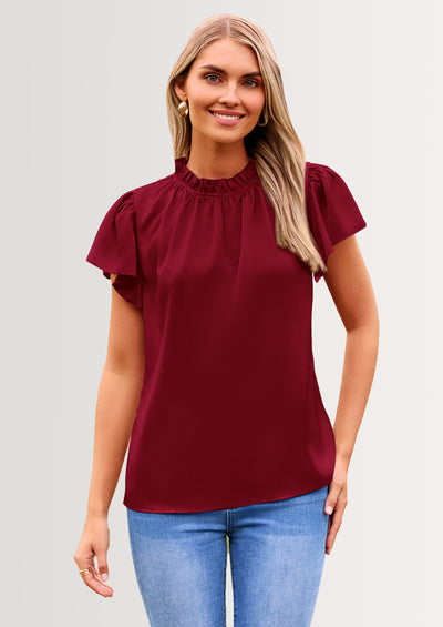 PRETTYGARDEN Business Casual Tops for Women Blouses Dressy Summer Short Sleeve Ruffle Satin Work Office Attire