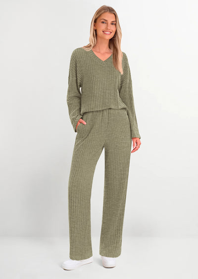 PRETTYGARDEN Women's 2 Piece Lounge Sets Ribbed Knit Long Sleeve V Neck Pullover Tops Wide Leg Pants Spring Fall Outfits
