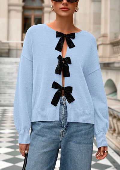 PRETTYGARDEN Cardigan Sweaters for Women Fall Bow Tie Front Long Sleeve Knit Sweater Tops Cute Going Out Outfits