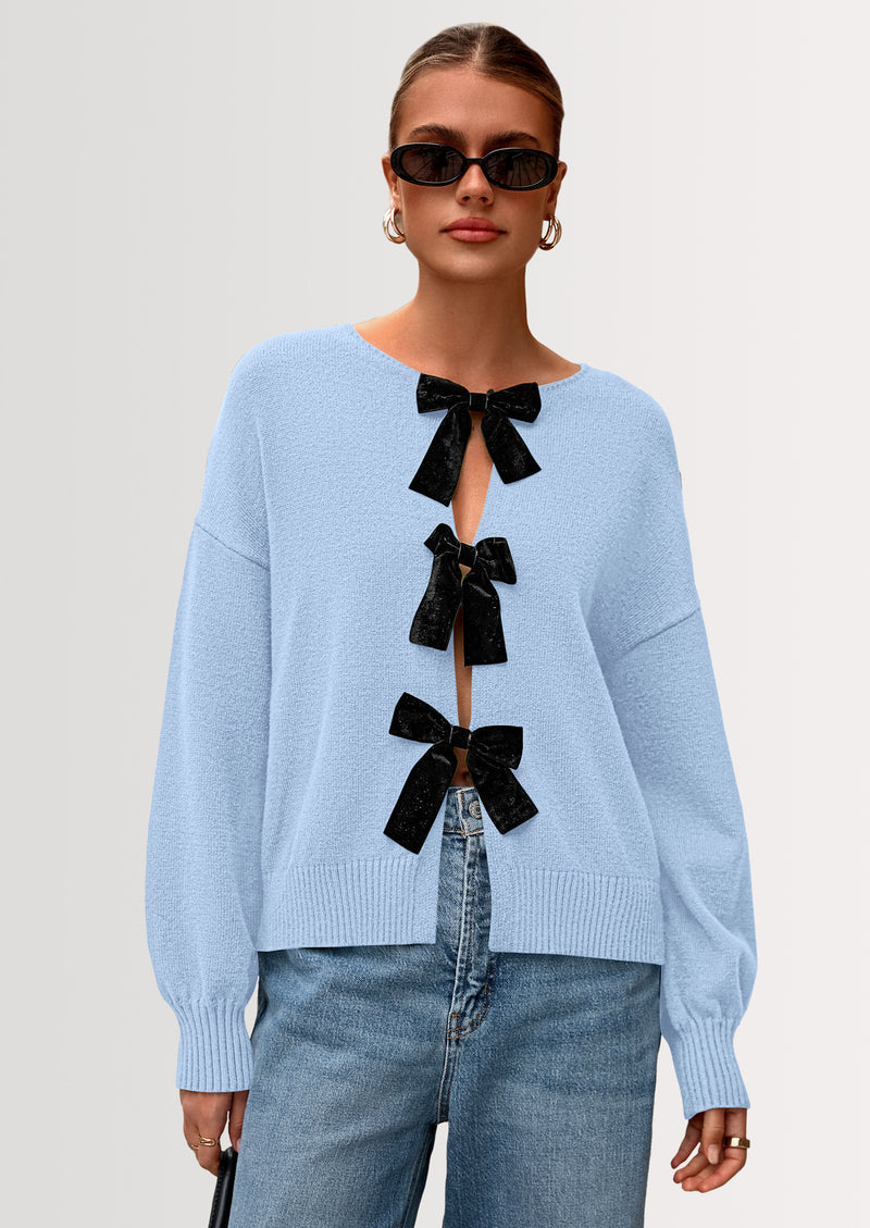 PRETTYGARDEN Cardigan Sweaters for Women Fall Bow Tie Front Long Sleeve Knit Sweater Tops Cute Going Out Outfits