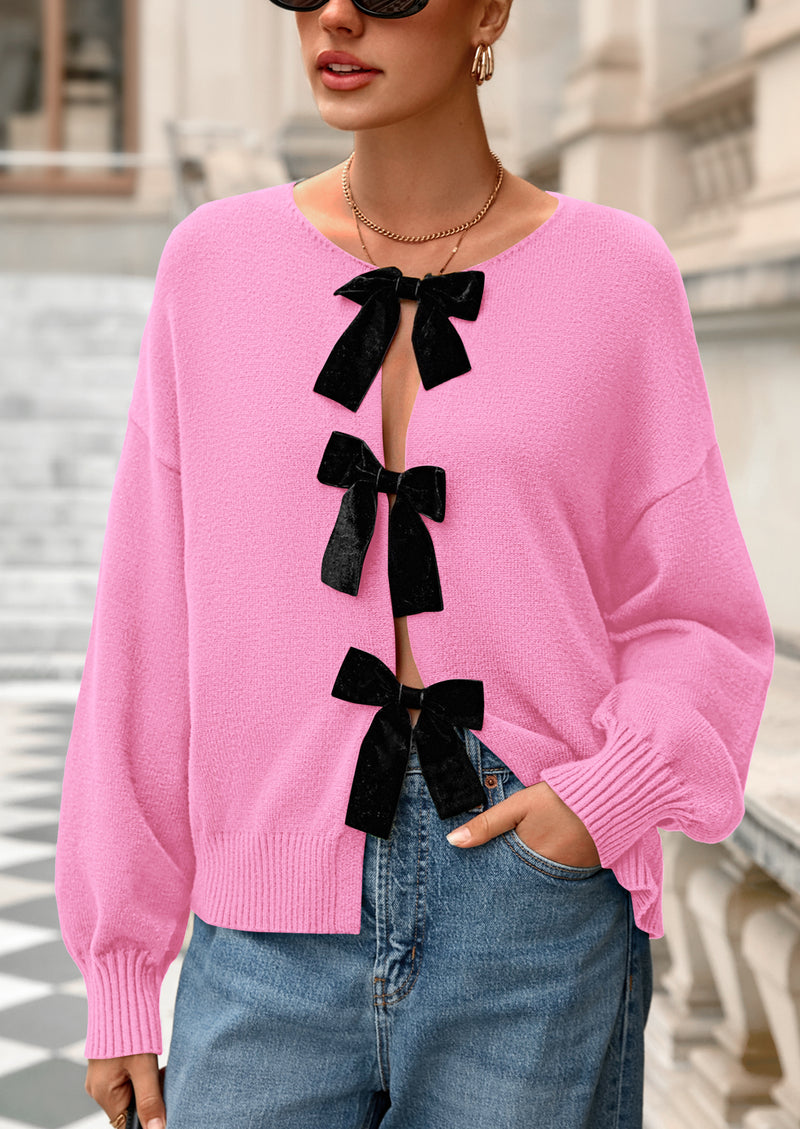 PRETTYGARDEN Cardigan Sweaters for Women Fall Bow Tie Front Long Sleeve Knit Sweater Tops Cute Going Out Outfits