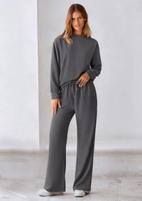 PRETTYGARDEN 2 Piece Long Sleeve Pullover Tops and Wide Leg Pants Knitted Lounge Sets