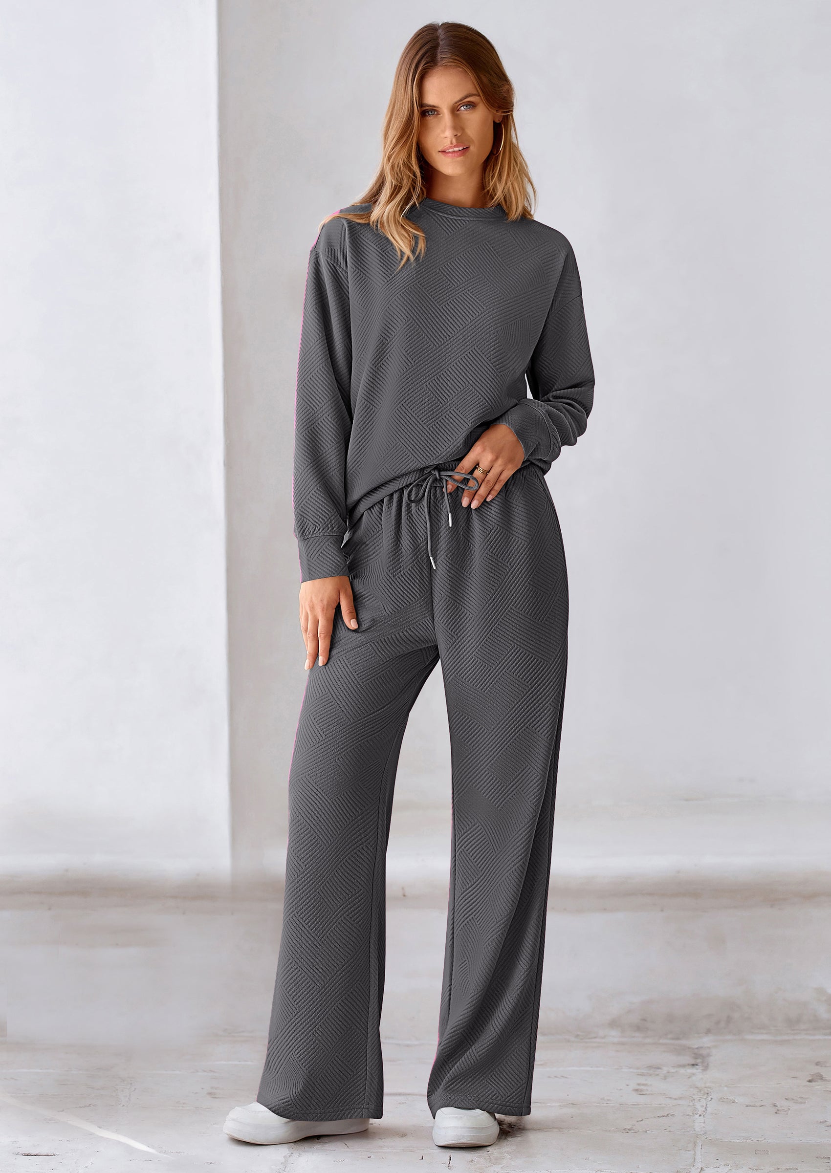 PRETTYGARDEN 2 Piece Long Sleeve Pullover Tops and Wide Leg Pants Knitted Lounge Sets