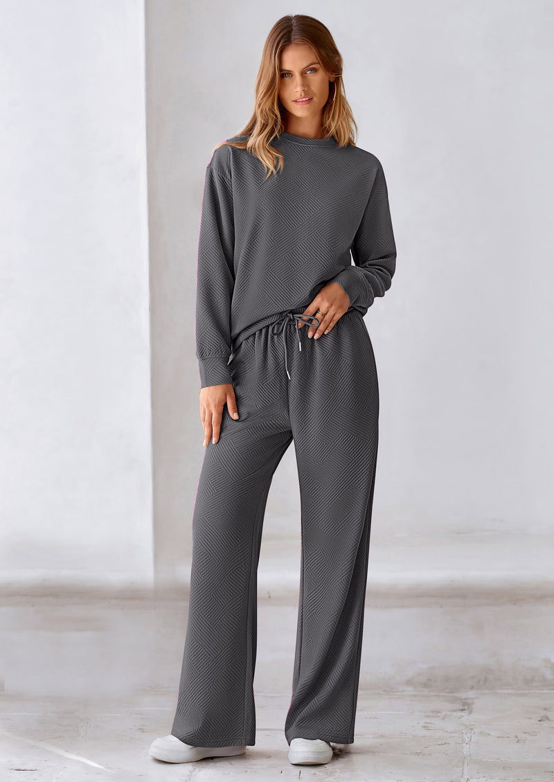 PRETTYGARDEN 2 Piece Long Sleeve Pullover Tops and Wide Leg Pants Knitted Lounge Sets