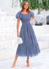 PRETTYGARDEN Women's Smocked Tulle Midi Dress Square Neck Puffy Short Sleeve Ruffle Wedding Guest Party Dresses