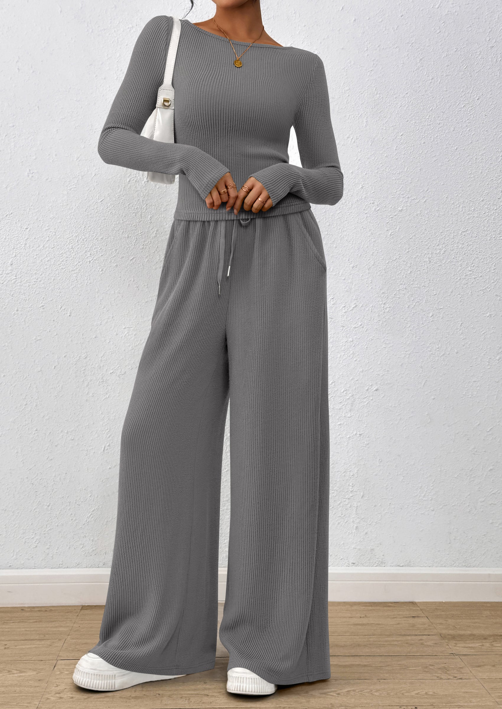 PRETTYGARDEN Women's 2 Piece Lounge Sets Fall Fashion Long Sleeve Crop Top Wide Leg Pants Matching Sets Clothing