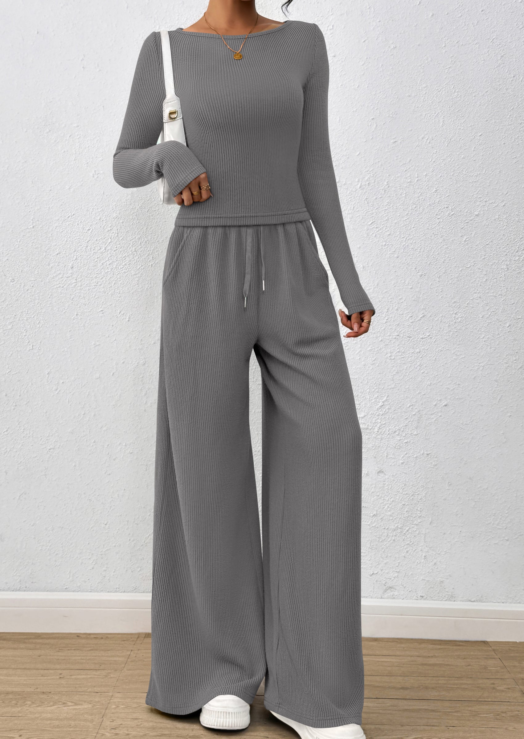 PRETTYGARDEN Women's 2 Piece Lounge Sets Fall Fashion Long Sleeve Crop Top Wide Leg Pants Matching Sets Clothing