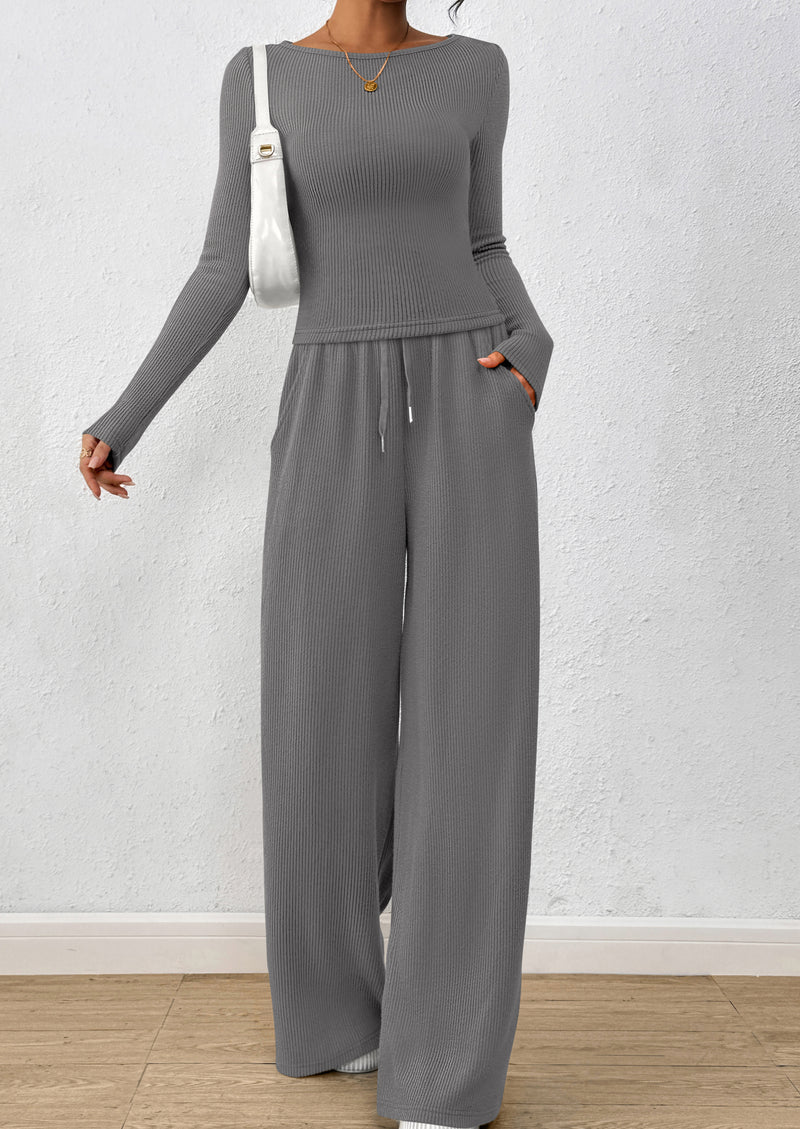 PRETTYGARDEN Women's 2 Piece Lounge Sets Fall Fashion Long Sleeve Crop Top Wide Leg Pants Matching Sets Clothing