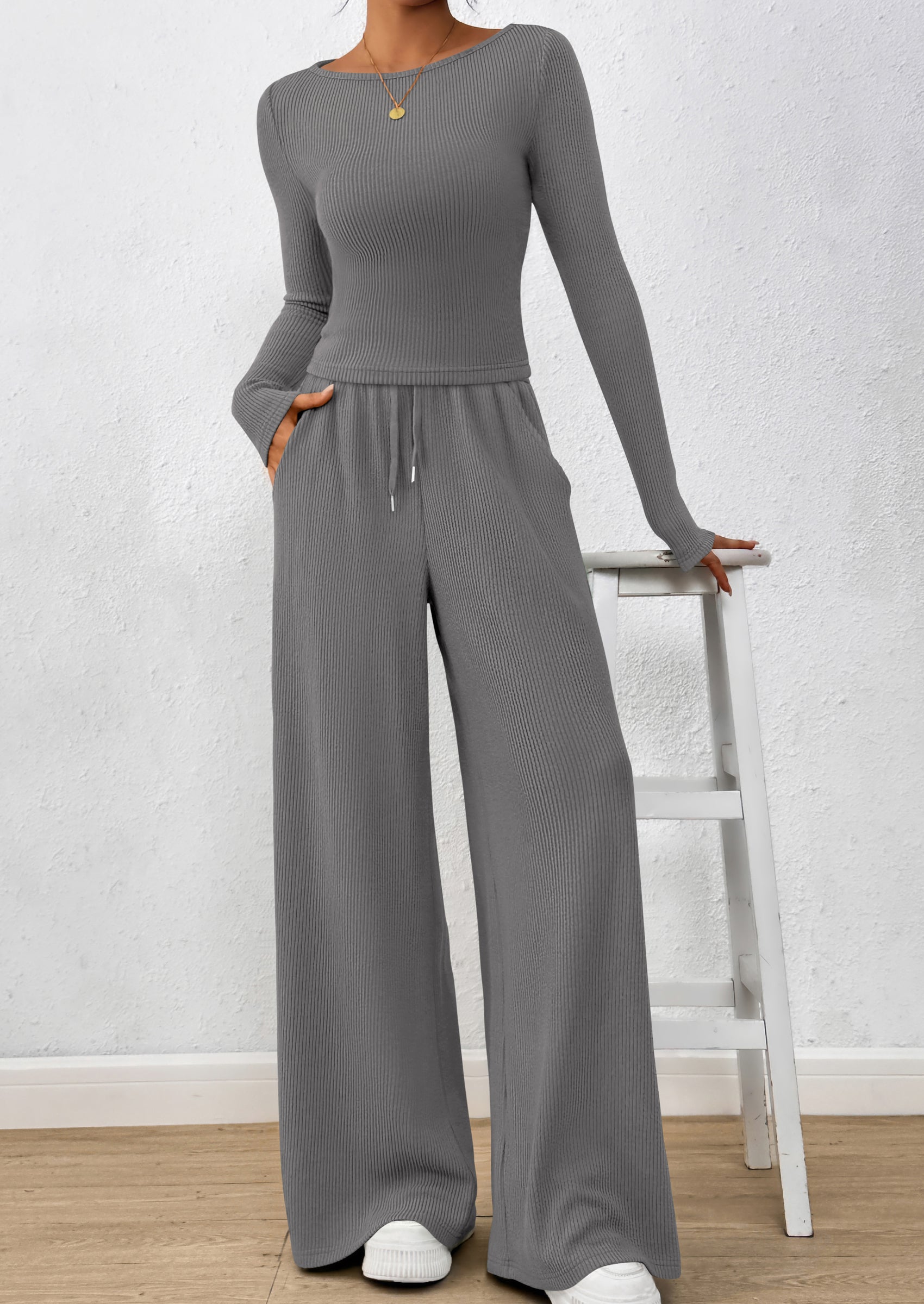PRETTYGARDEN Women's 2 Piece Lounge Sets Fall Fashion Long Sleeve Crop Top Wide Leg Pants Matching Sets Clothing