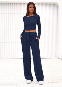 PRETTYGARDEN Women's Fall Trendy 2 Piece Outfits Lounge Sets Long Sleeve Top Henley Shirts Wide Leg Pants Travel Clothes