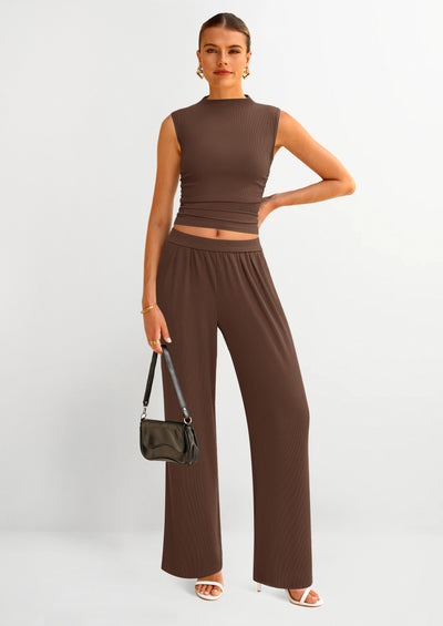 PRETTYGARDEN 2 Piece Sets for Women Summer Airport Travel Outfits Crop Tank Tops Wide Leg Pants Matching Lounge Sets