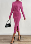 PRETTYGARDEN Turtle Neck Dresses for Women Fall Knit Outfits Slit Elastic Waist Long Sleeve Bodycon Midi Sweater Dress