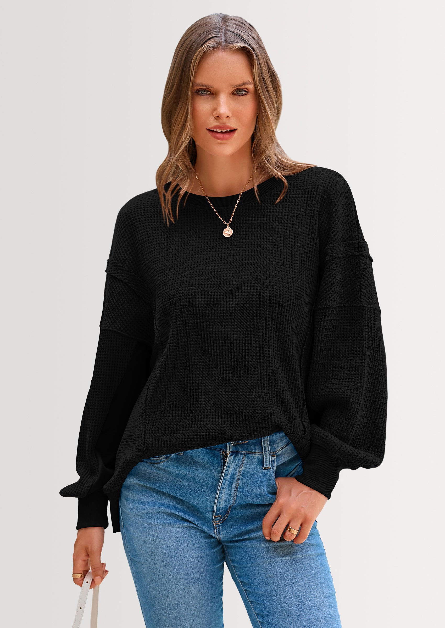 PRETTYGARDEN Oversized Sweatshirt for Women Fashion Crewneck Long Sleeve Pullover Waffle Knit Tops Fall Trendy Clothes