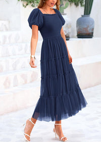 Smocked Tulle Puffy Short Sleeve Square Neck Ruffle Midi Dresses