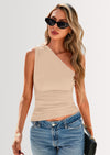 PRETTYGARDEN Womens Summer Y2K Tops Sleeveless One Shoulder Slim Fit Shirts Ruched Knit Asymmetrical Top Blouse