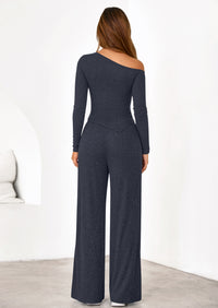 PRETTYGARDEN Casual Two Piece Sets for Women Fall Outfits Asymmetrical Off Shoulder Tops Wide Leg Pants Knit Lounge Set