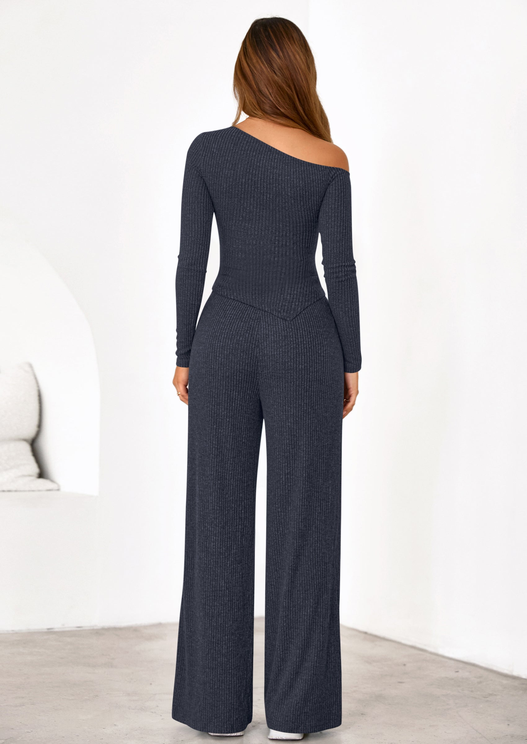 PRETTYGARDEN Casual Two Piece Sets for Women Fall Outfits Asymmetrical Off Shoulder Tops Wide Leg Pants Knit Lounge Set
