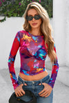 PRETTYGARDEN Women's Mesh Long Sleeve Top Trendy Fall See Through Sheer Blouse Leopard Fitted Going Out Layering Shirts
