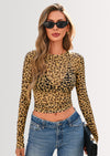 PRETTYGARDEN Women's Mesh Long Sleeve Top Trendy Fall See Through Sheer Blouse Leopard Fitted Going Out Layering Shirts