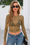 PRETTYGARDEN Women's Mesh Long Sleeve Top Trendy Fall See Through Sheer Blouse Leopard Fitted Going Out Layering Shirts