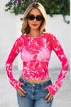PRETTYGARDEN Women's Mesh Long Sleeve Top Trendy Fall See Through Sheer Blouse Leopard Fitted Going Out Layering Shirts