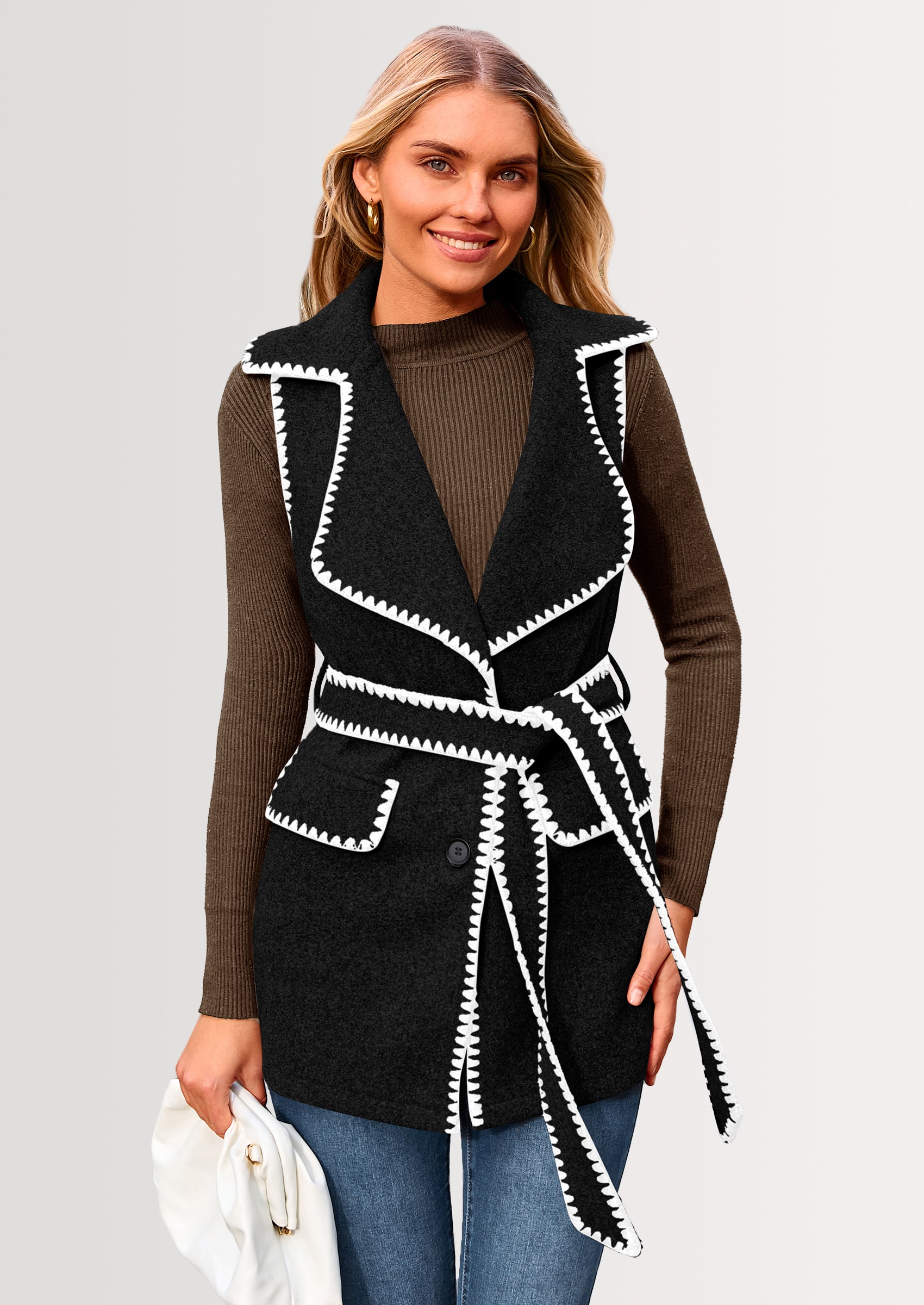 PRETTYGARDEN Women's Tweed Vest Jackets Sleeveless Lapel Button Front Belt Color Block Winter Cardigan Outerwear