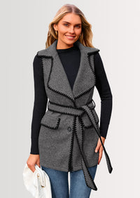 PRETTYGARDEN Women's Tweed Vest Jackets Sleeveless Lapel Button Front Belt Color Block Winter Cardigan Outerwear