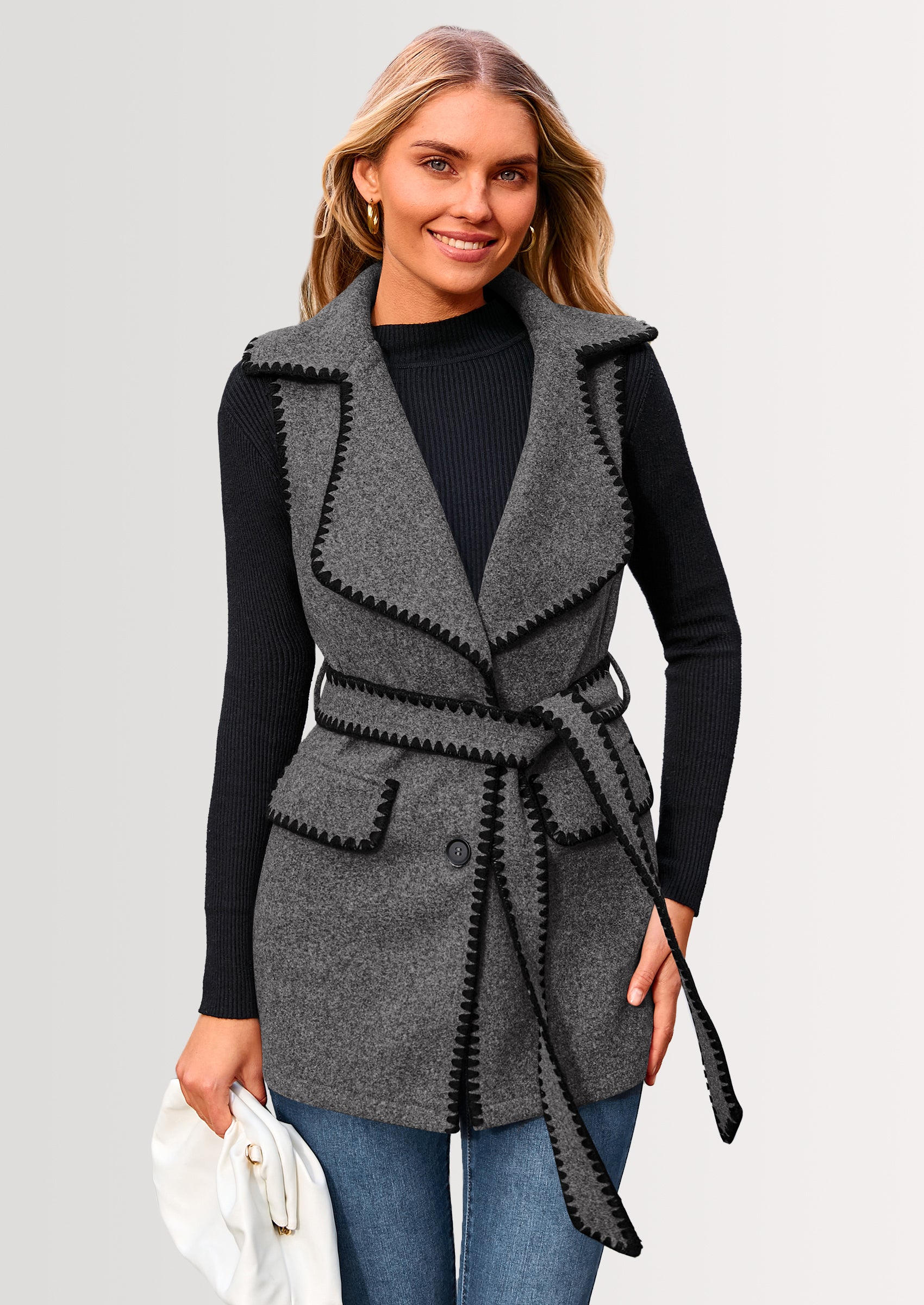 PRETTYGARDEN Women's Tweed Vest Jackets Sleeveless Lapel Button Front Belt Color Block Winter Cardigan Outerwear