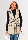PRETTYGARDEN Women's Tweed Vest Jackets Sleeveless Lapel Button Front Belt Color Block Winter Cardigan Outerwear