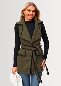 PRETTYGARDEN Women's Tweed Vest Jackets Sleeveless Lapel Button Front Belt Color Block Winter Cardigan Outerwear