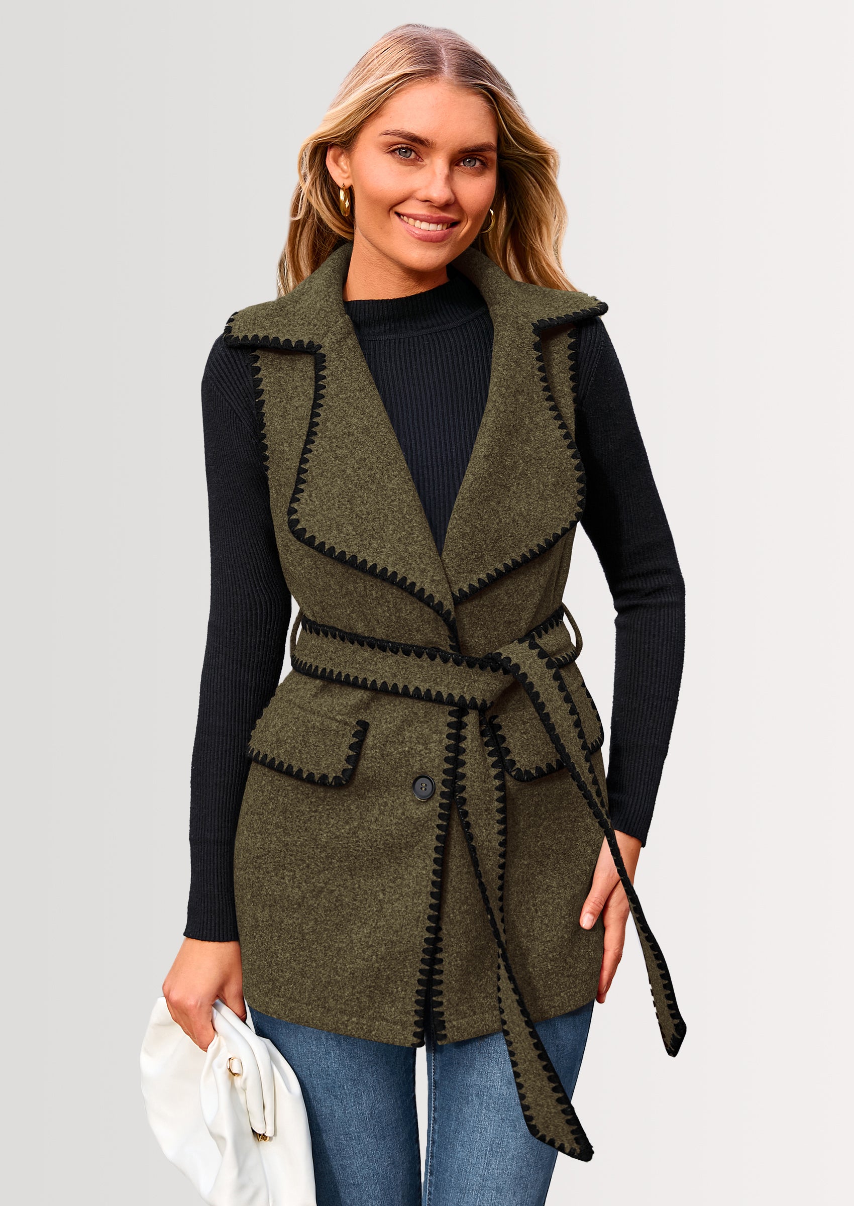 PRETTYGARDEN Women's Tweed Vest Jackets Sleeveless Lapel Button Front Belt Color Block Winter Cardigan Outerwear