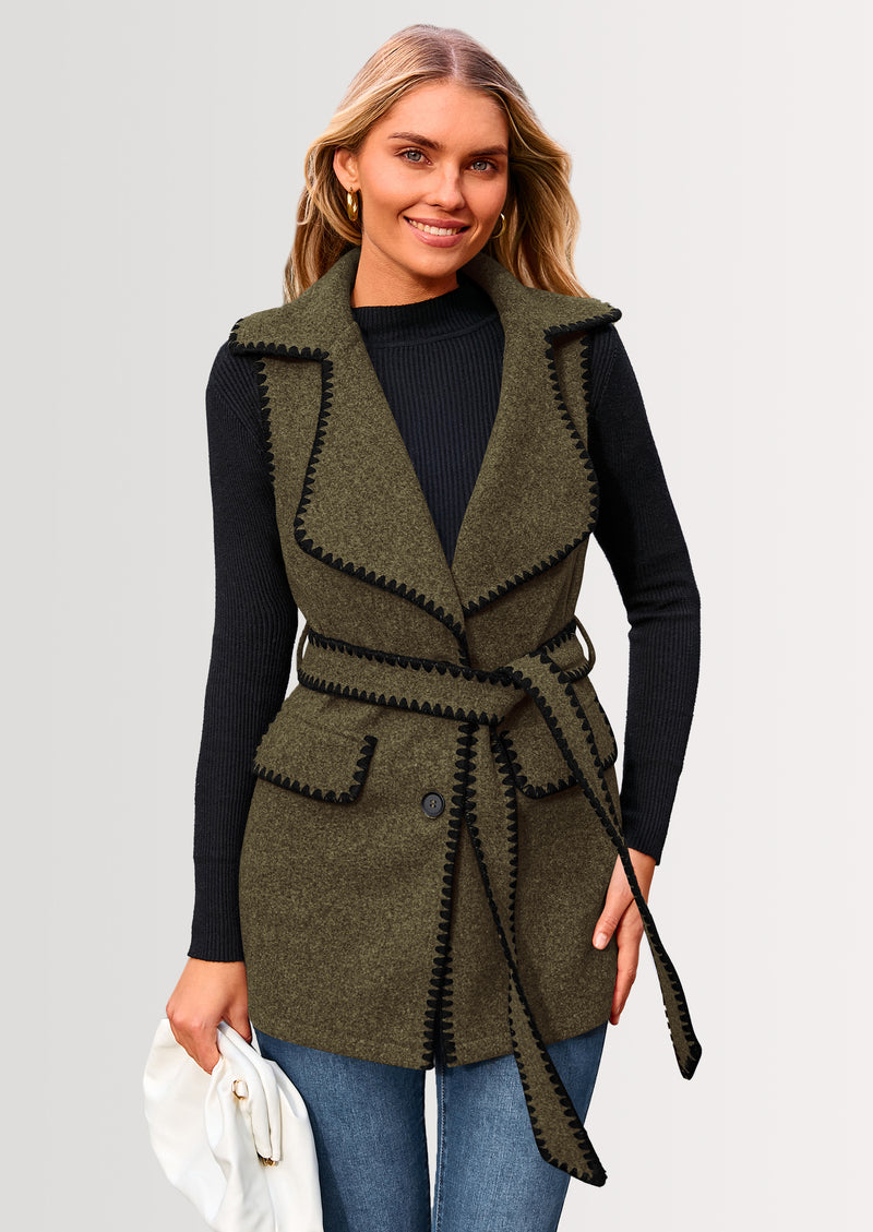 PRETTYGARDEN Women's Tweed Vest Jackets Sleeveless Lapel Button Front Belt Color Block Winter Cardigan Outerwear