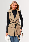 PRETTYGARDEN Women's Tweed Vest Jackets Sleeveless Lapel Button Front Belt Color Block Winter Cardigan Outerwear