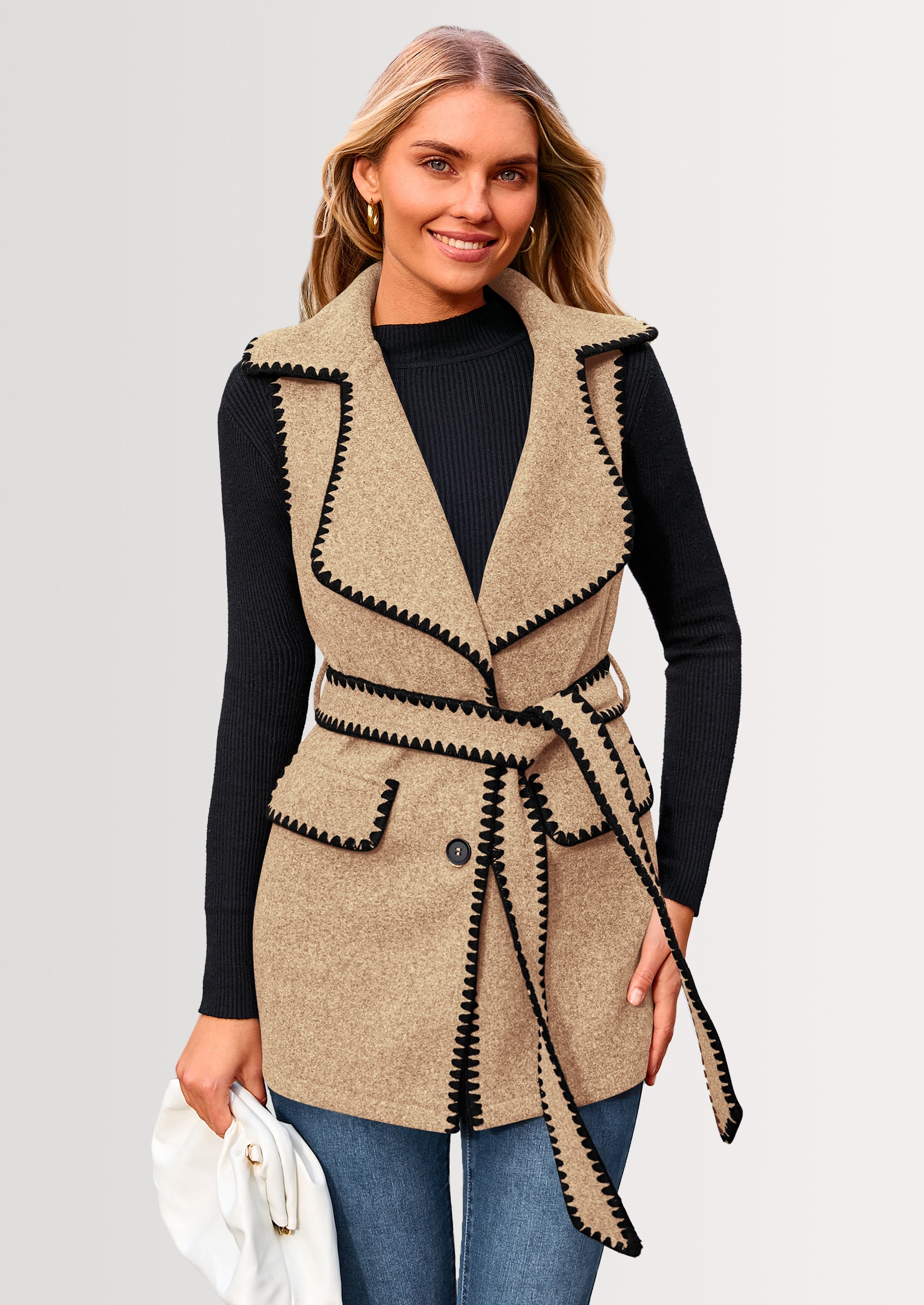 PRETTYGARDEN Women's Tweed Vest Jackets Sleeveless Lapel Button Front Belt Color Block Winter Cardigan Outerwear